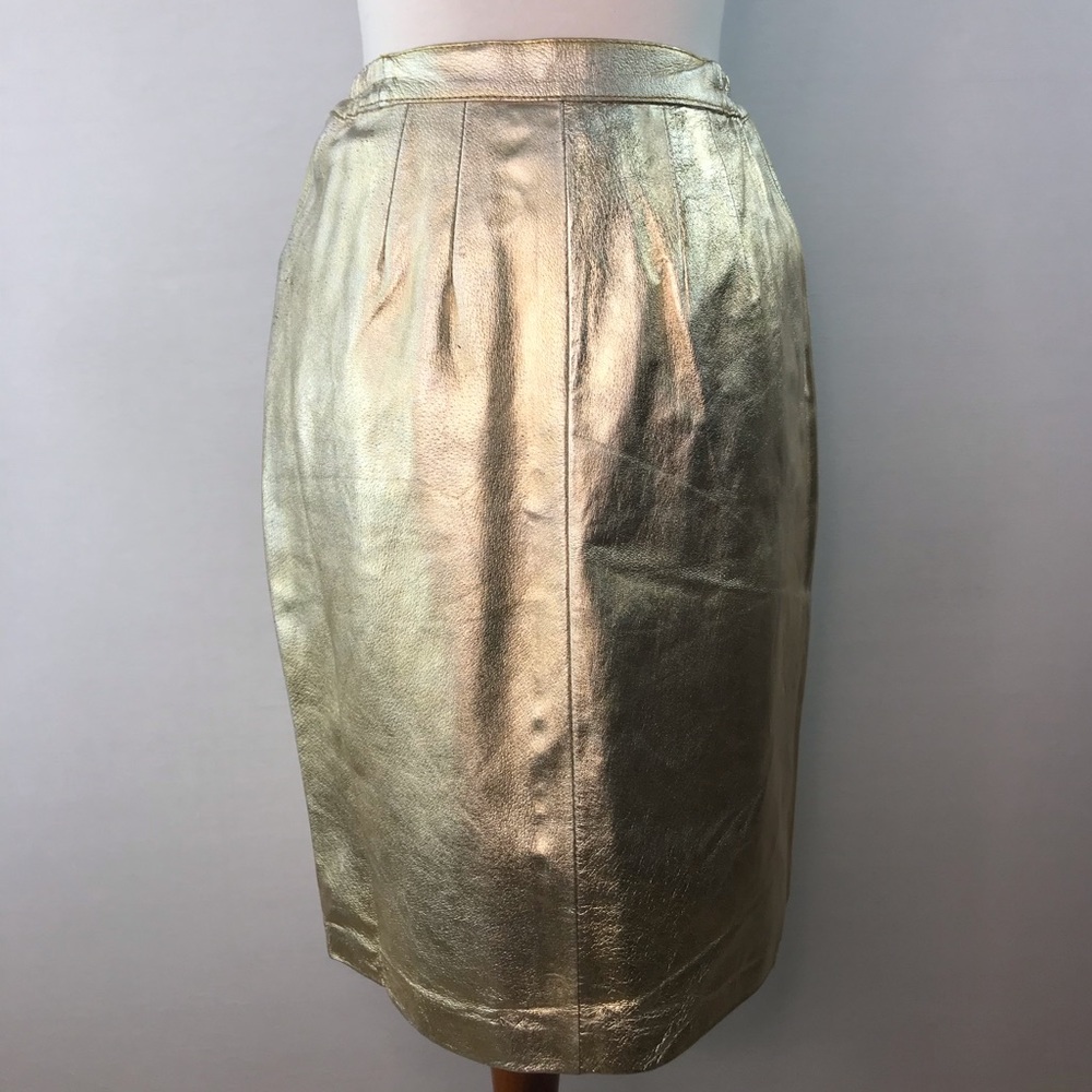 Maurada Vintage Genuine Leather Gold Metallic Pencil Skirt Size 6